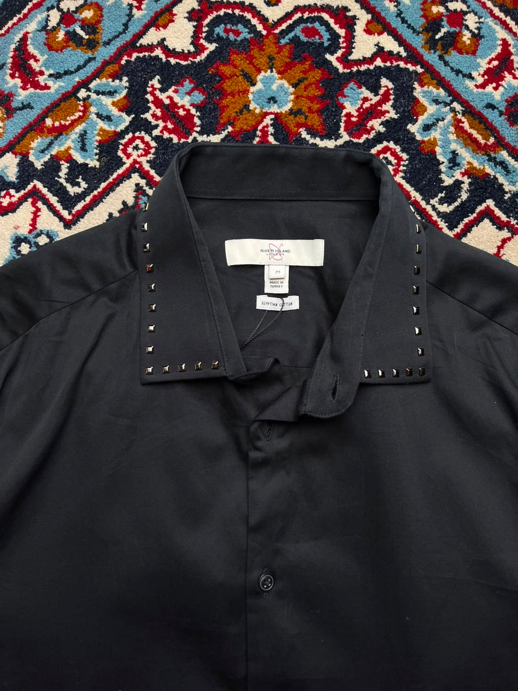 RIVER ISLAND Studded Collar Black Egyptian Cotton BUTTON DOWN SHIRT - L