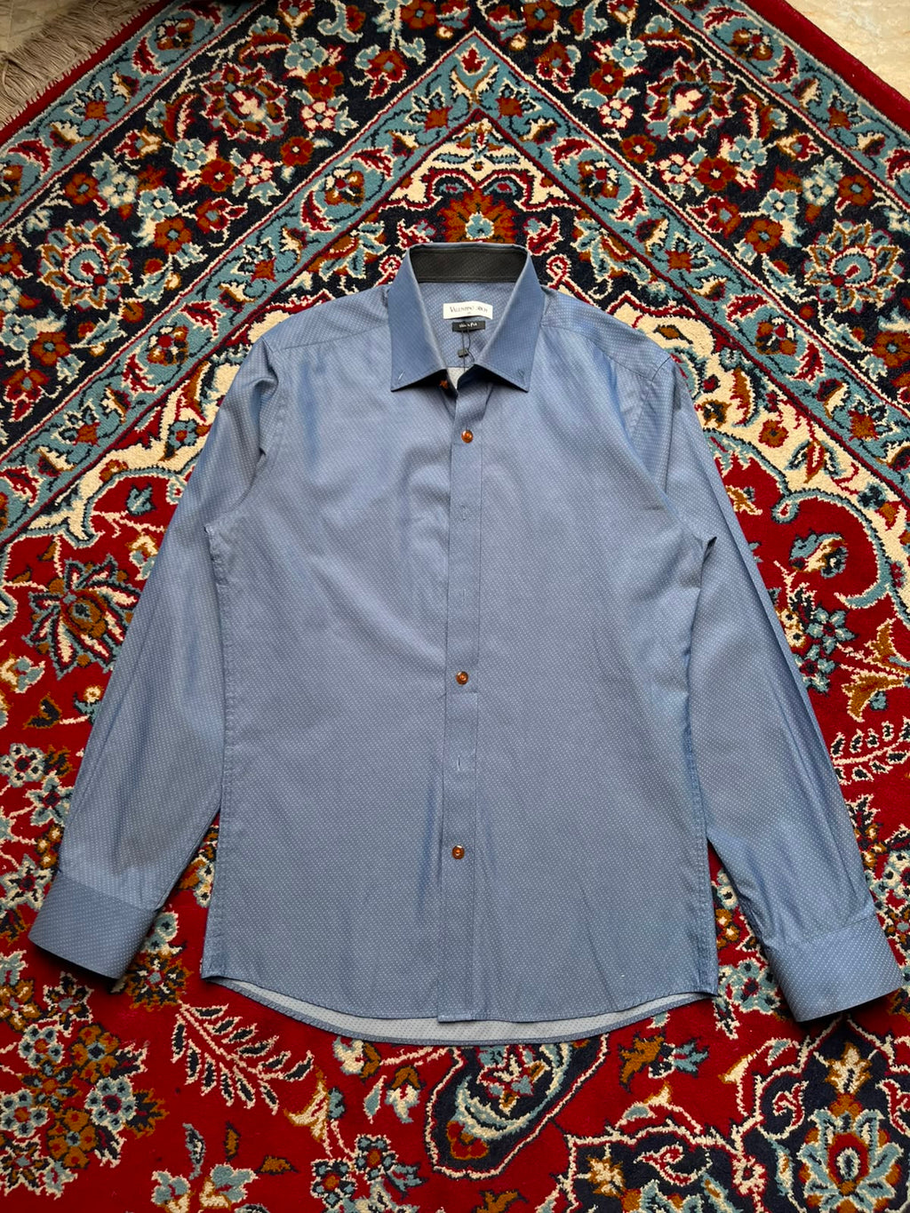Valentino Rich Blue Micro Dotted Print Slim Fit Button Down Shirt - M