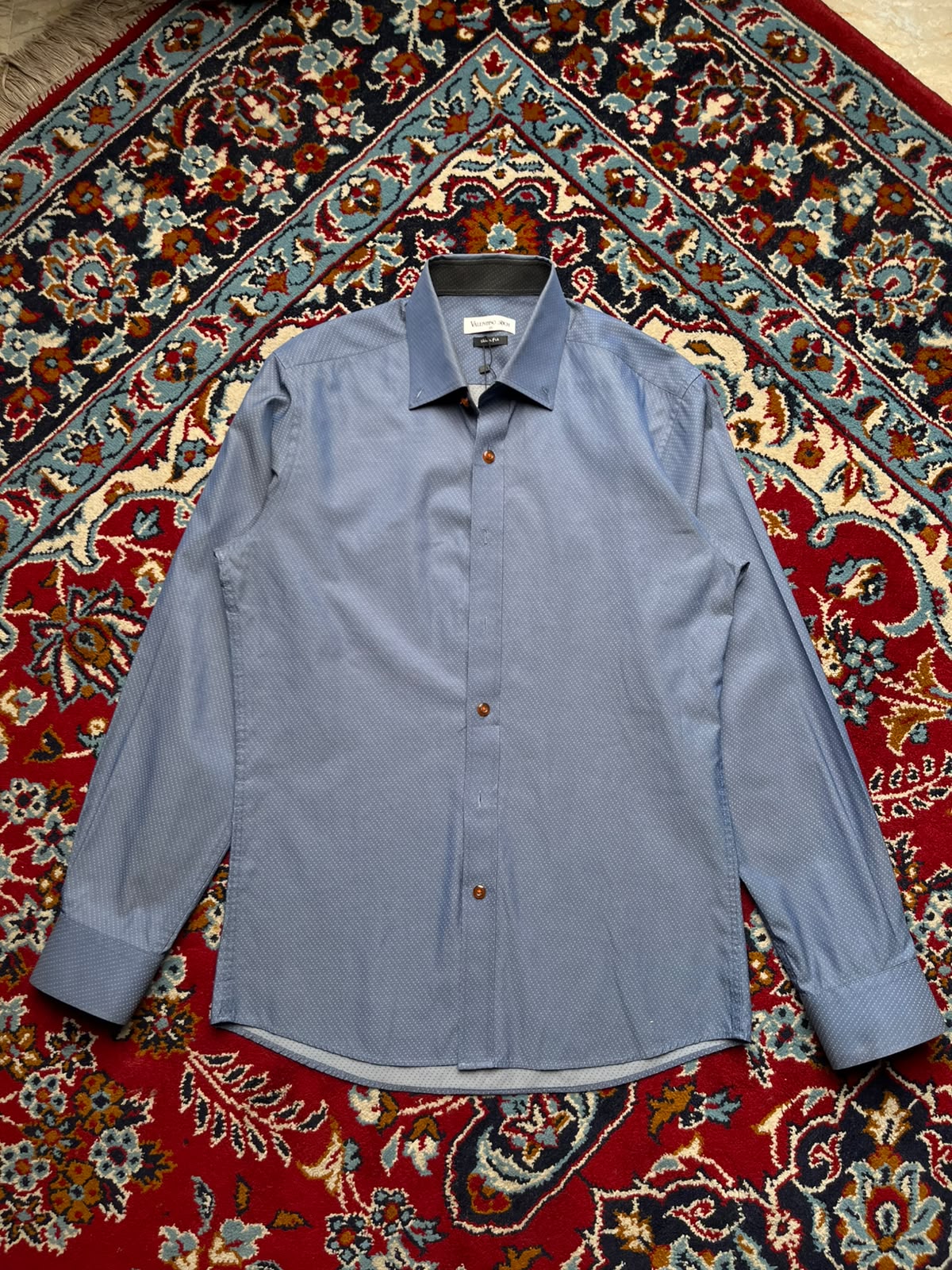 Valentino Rich Blue Micro Dotted Print Slim Fit Button Down Shirt - M