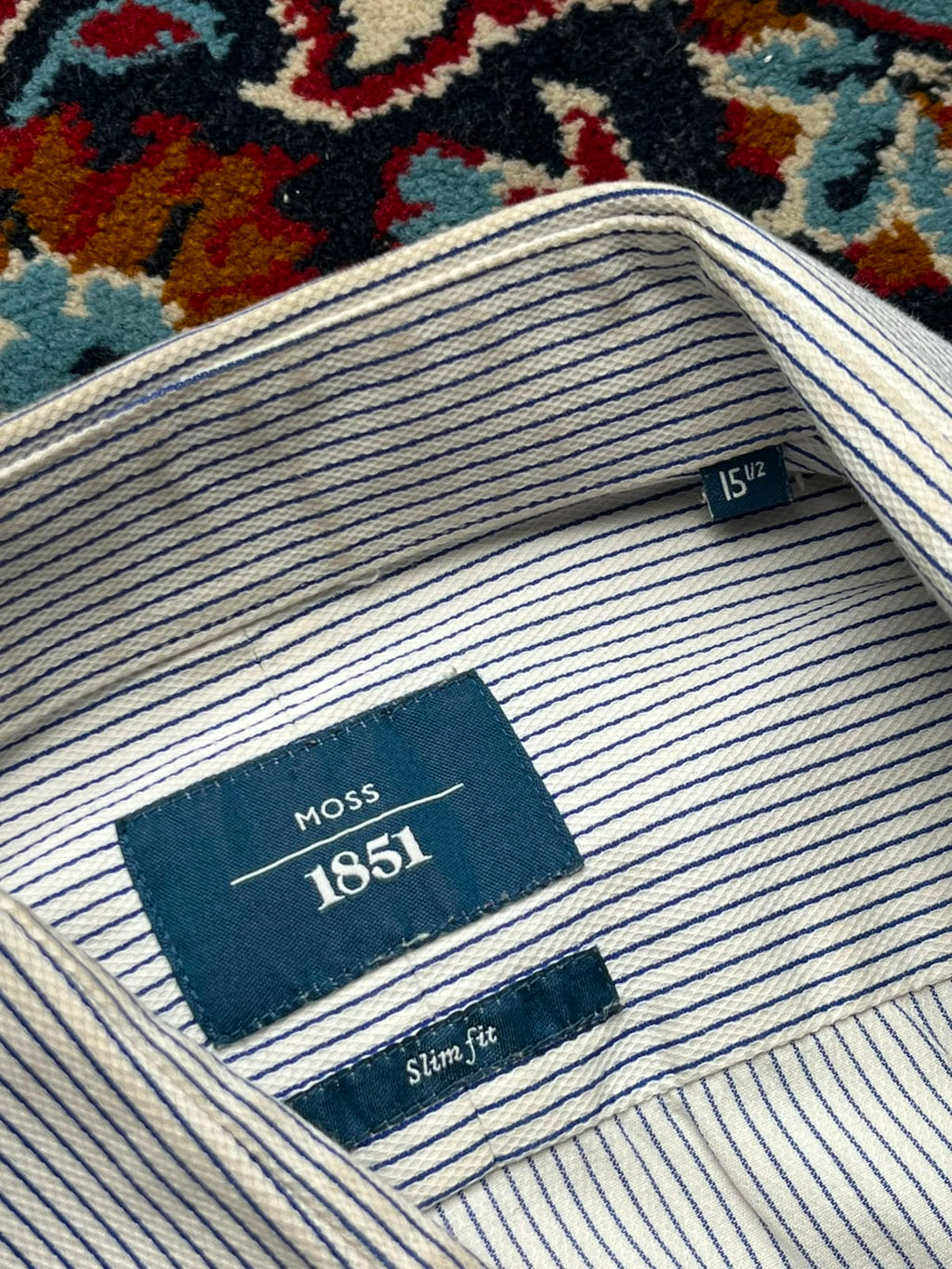 Moss 1851 White Blue Striped Slim Fit Button Down Shirt - L