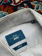 Moss 1851 White Blue Striped Slim Fit Button Down Shirt - L