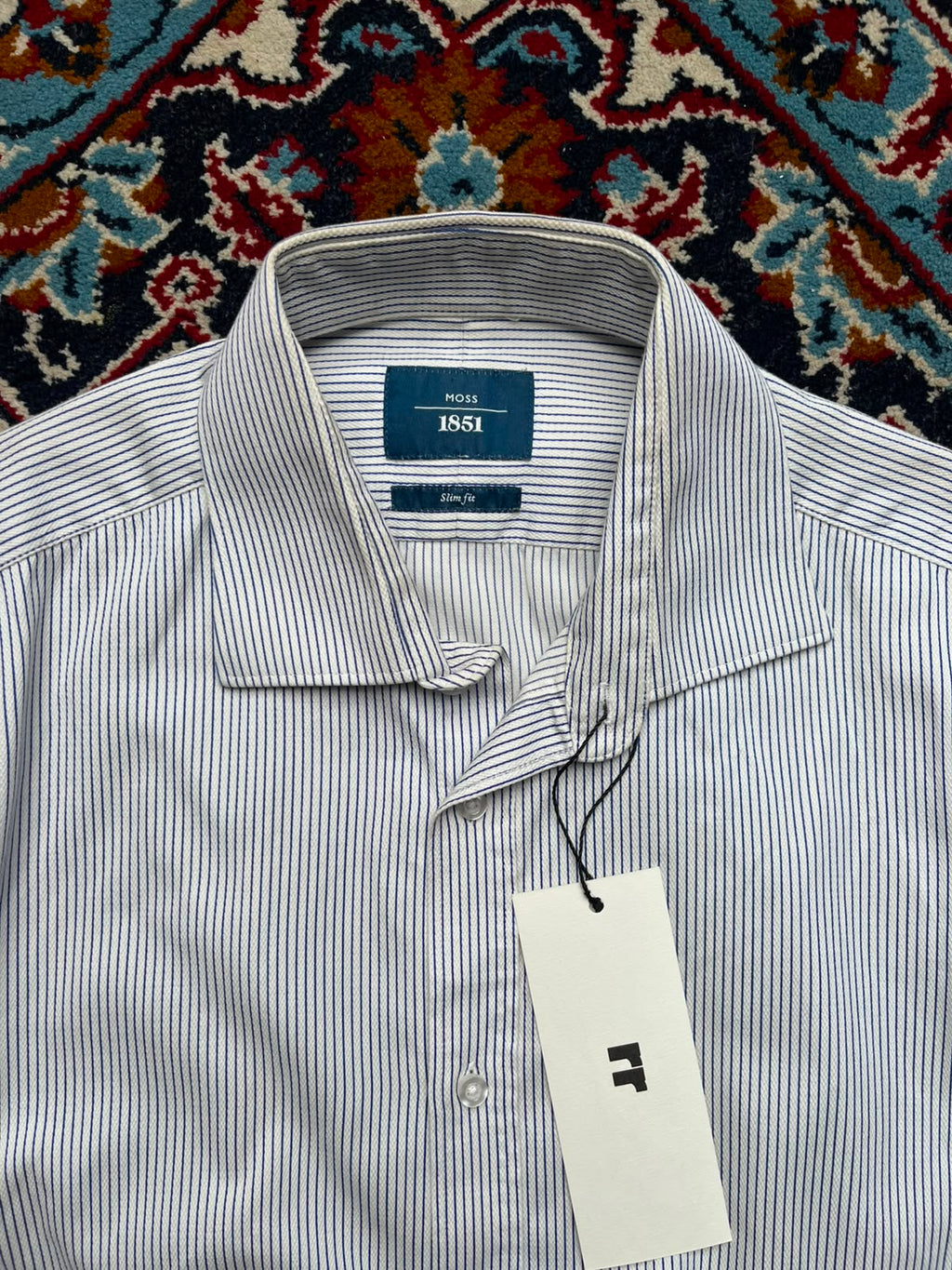 Moss 1851 White Blue Striped Slim Fit Button Down Shirt - L
