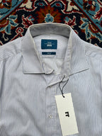 Moss 1851 White Blue Striped Slim Fit Button Down Shirt - L