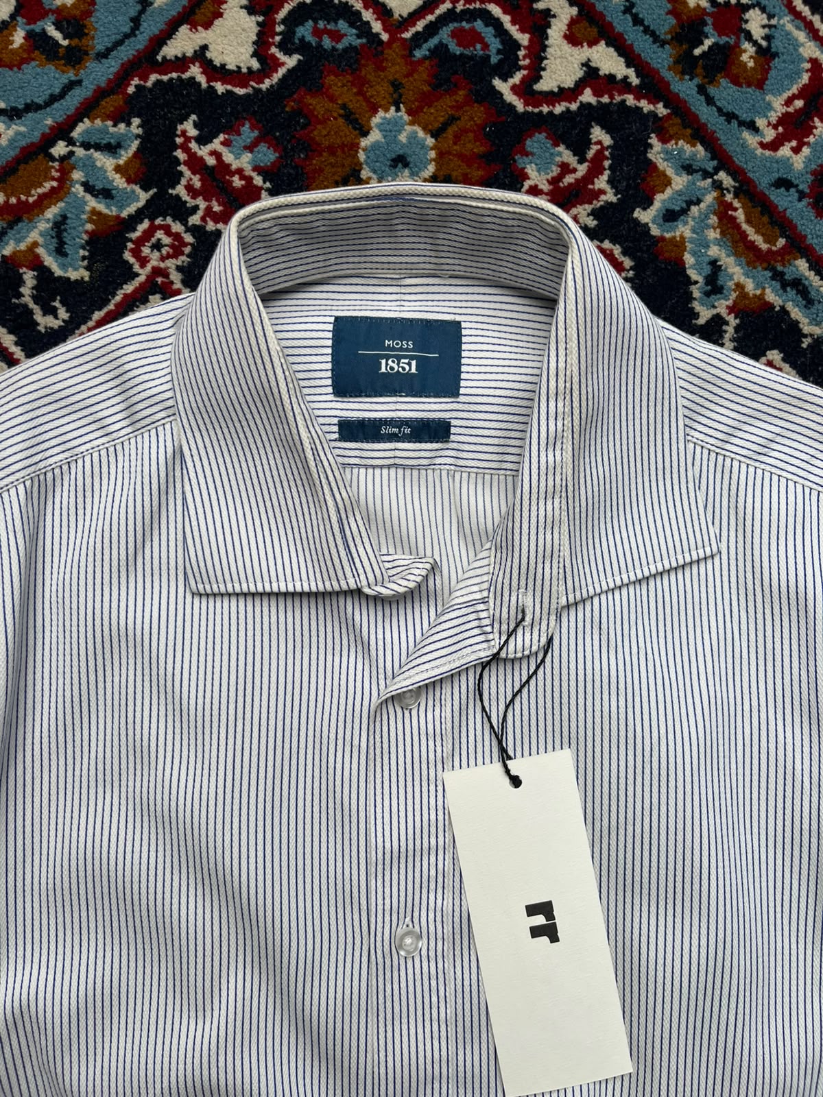 Moss 1851 White Blue Striped Slim Fit Button Down Shirt - L