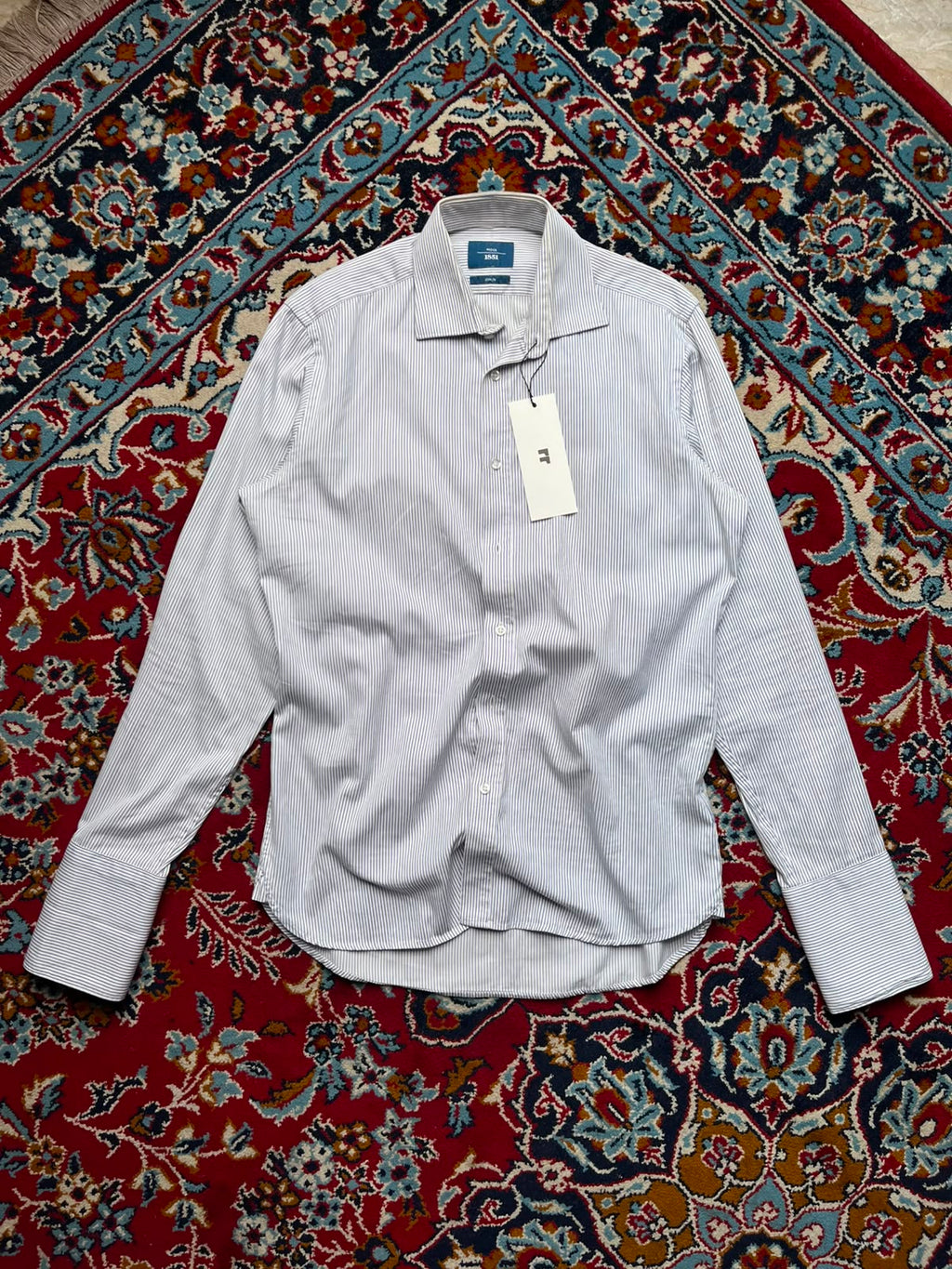 Moss 1851 White Blue Striped Slim Fit Button Down Shirt - L