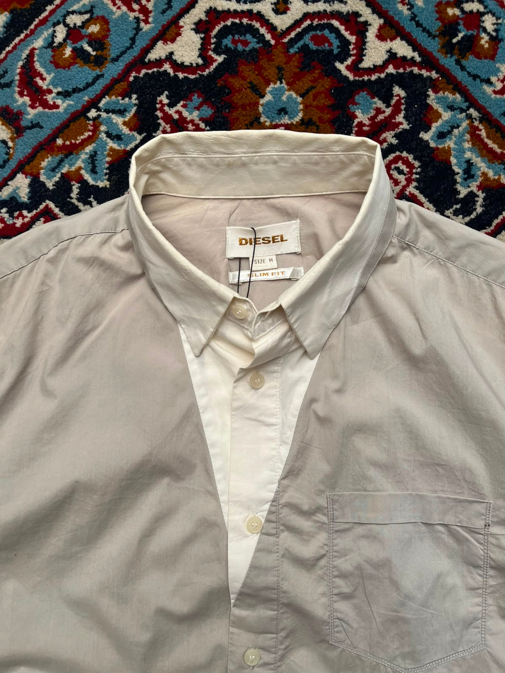 Diesel Slim Fit Beige Two Tone Paneled Button Down Shirt - L
