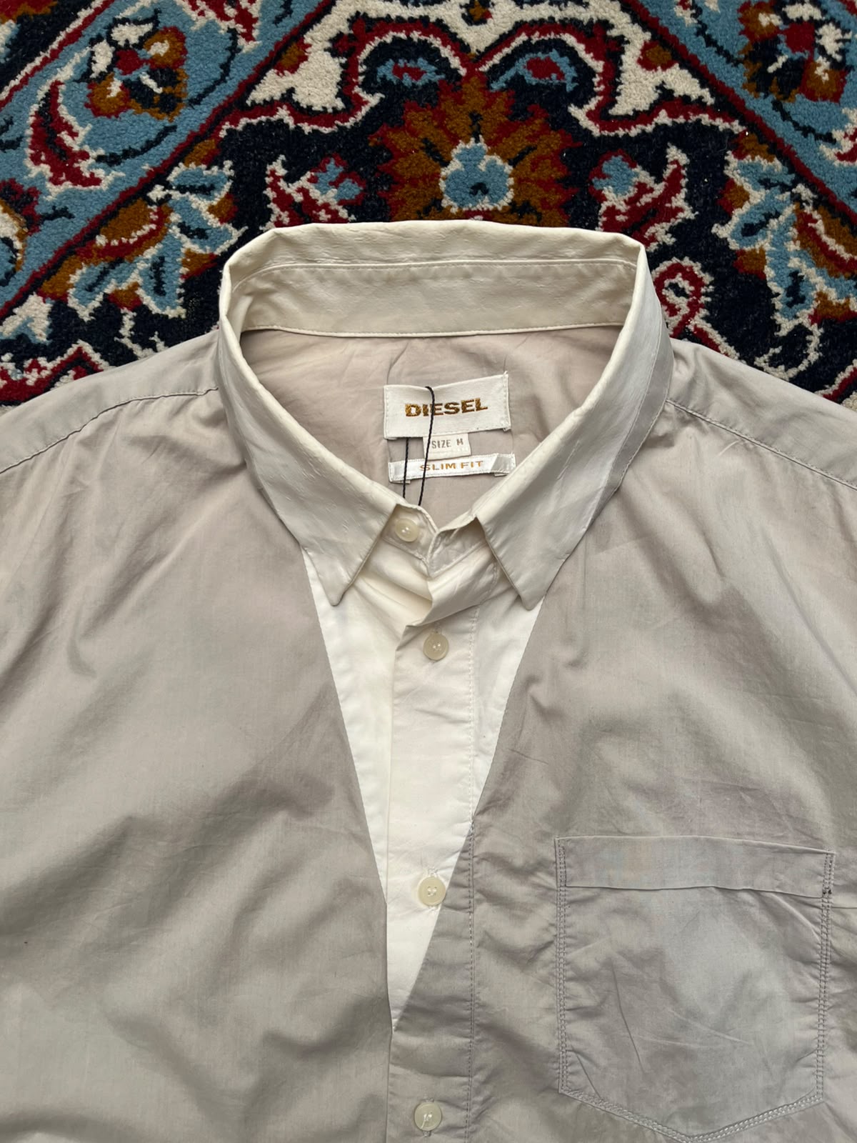 Diesel Slim Fit Beige Two Tone Paneled Button Down Shirt - L