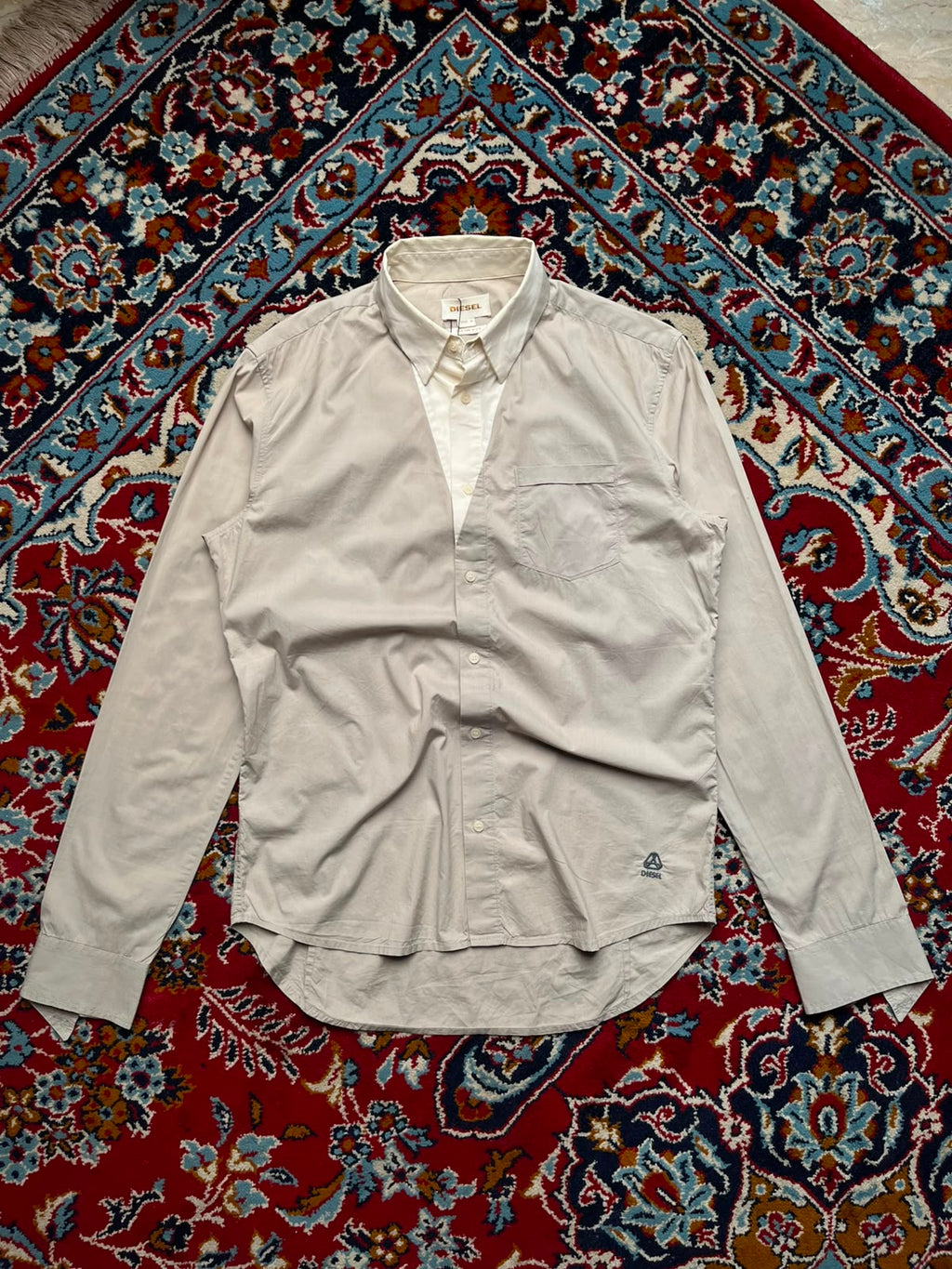 Diesel Slim Fit Beige Two Tone Paneled Button Down Shirt - L