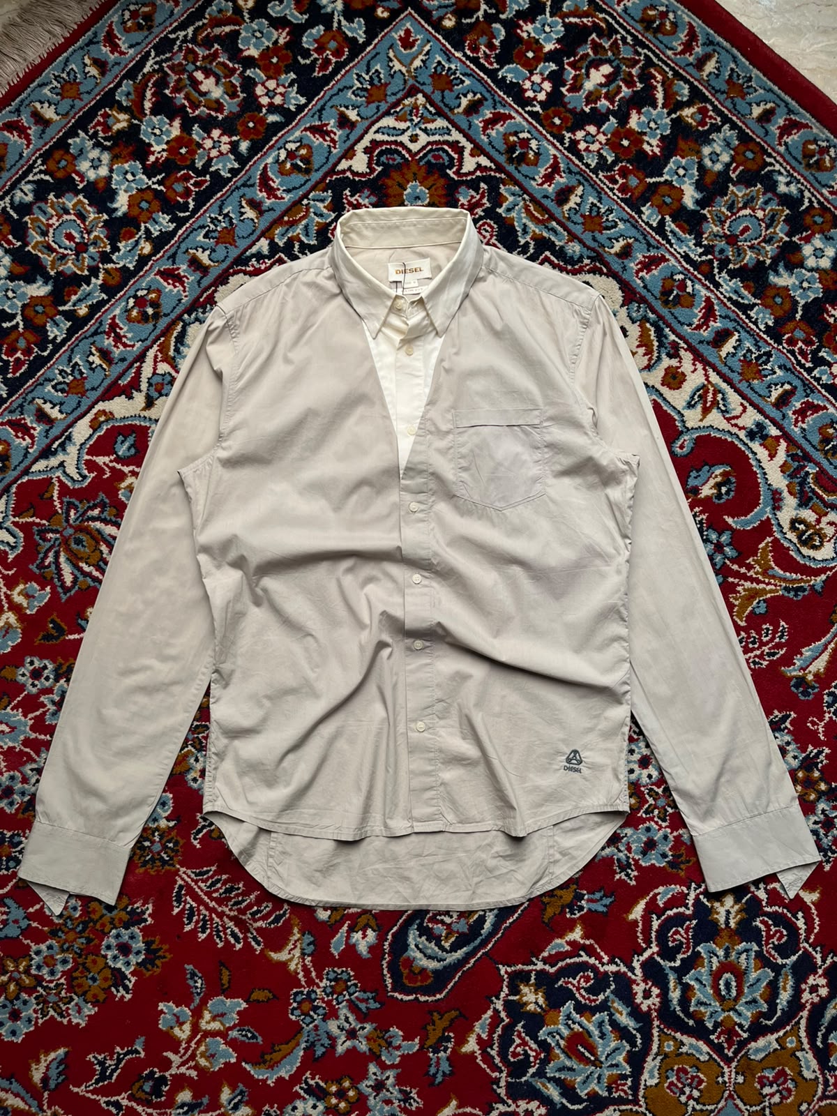 Diesel Slim Fit Beige Two Tone Paneled Button Down Shirt - L