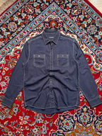 Michael Brandon Navy Blue Contrast Stitch Fine Striped Dual Pocket Button Down Shirt - L