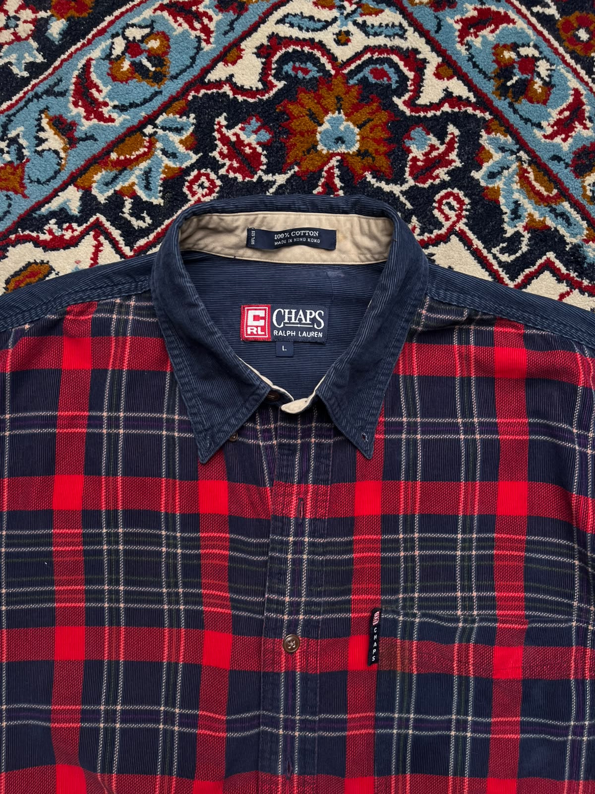 Vintage Cropped Chaps Ralph Lauren Plaid Block Color Corduroy Button Down Shirt - L