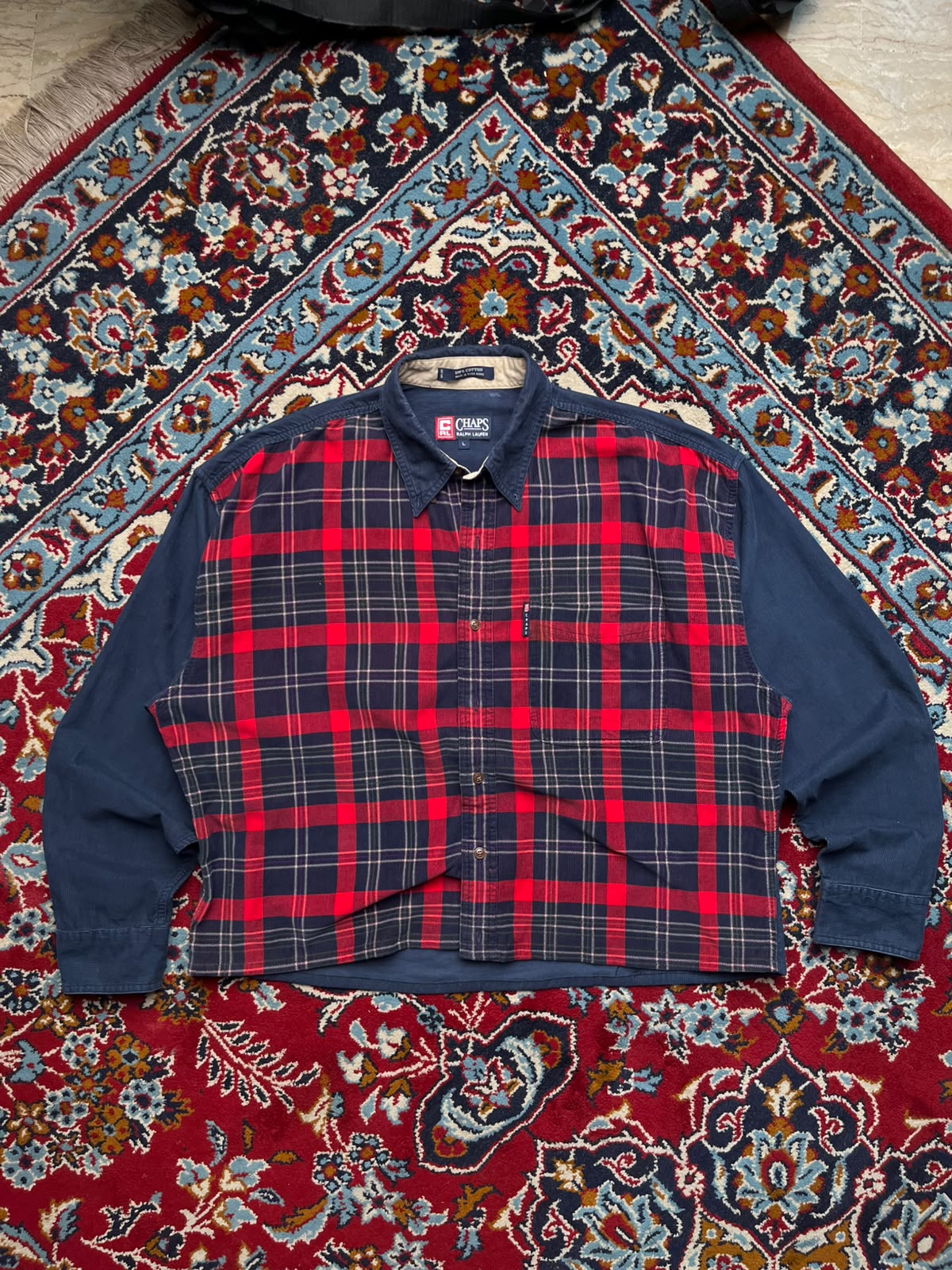 Vintage Cropped Chaps Ralph Lauren Plaid Block Color Corduroy Button Down Shirt - L