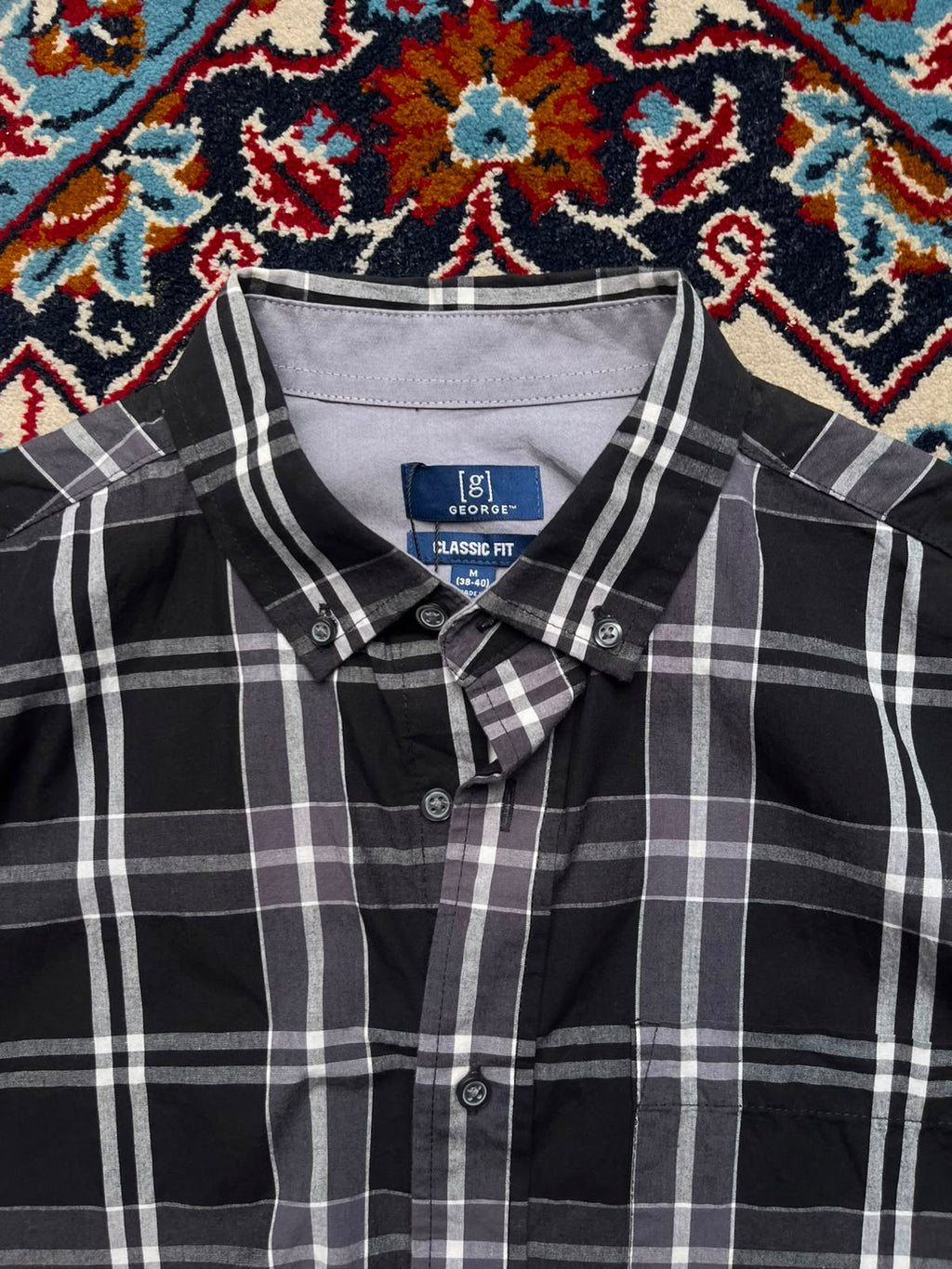 George Classic Fit Black Grey CHECK Button Down Shirt - L