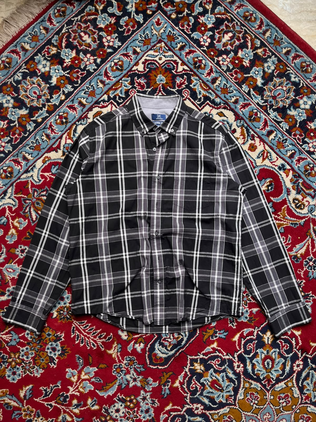 George Classic Fit Black Grey CHECK Button Down Shirt - L