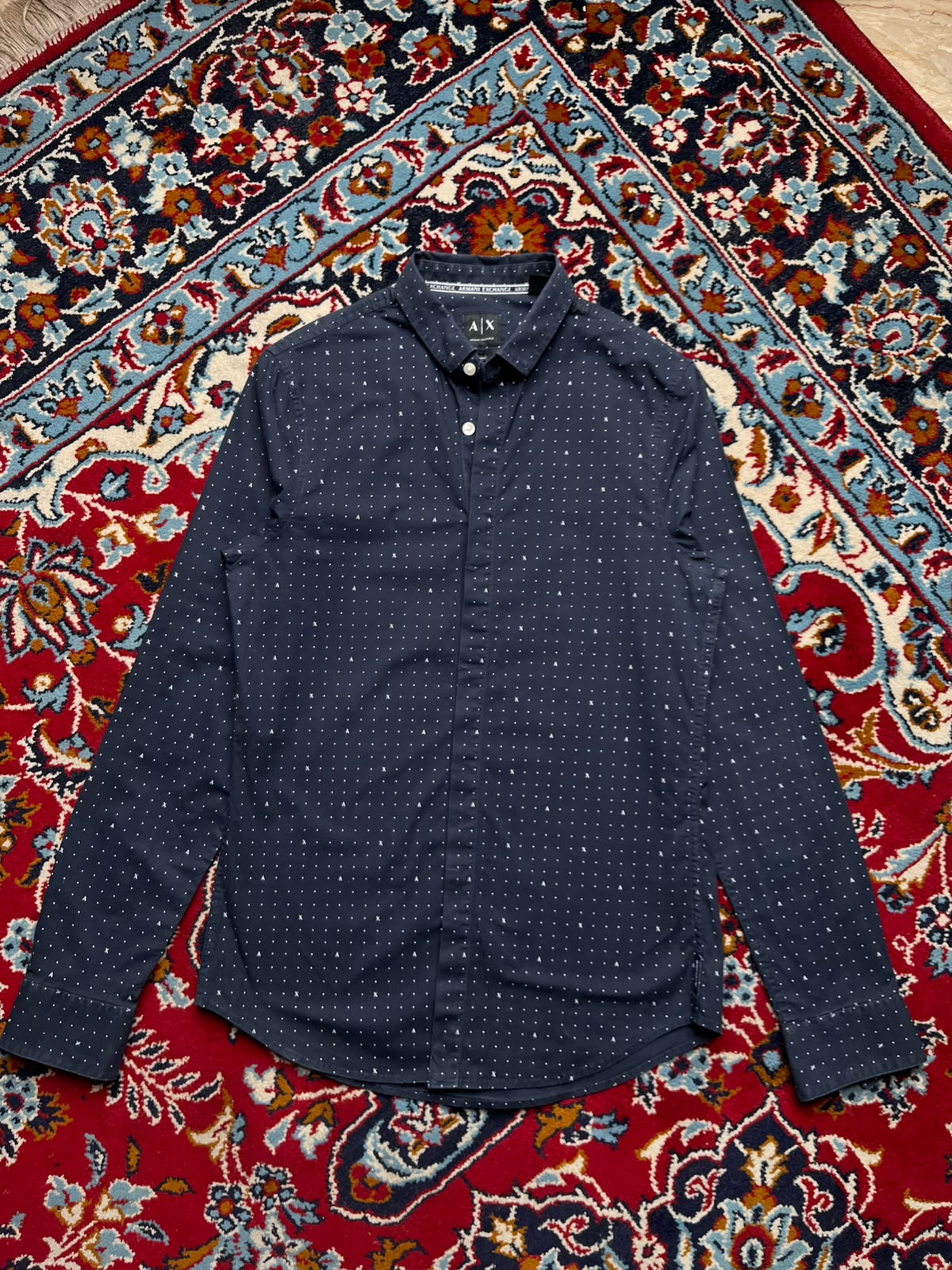 Armani Exchange Slim Fit Navy Blue Micro Dot Print Button Down Shirt - M