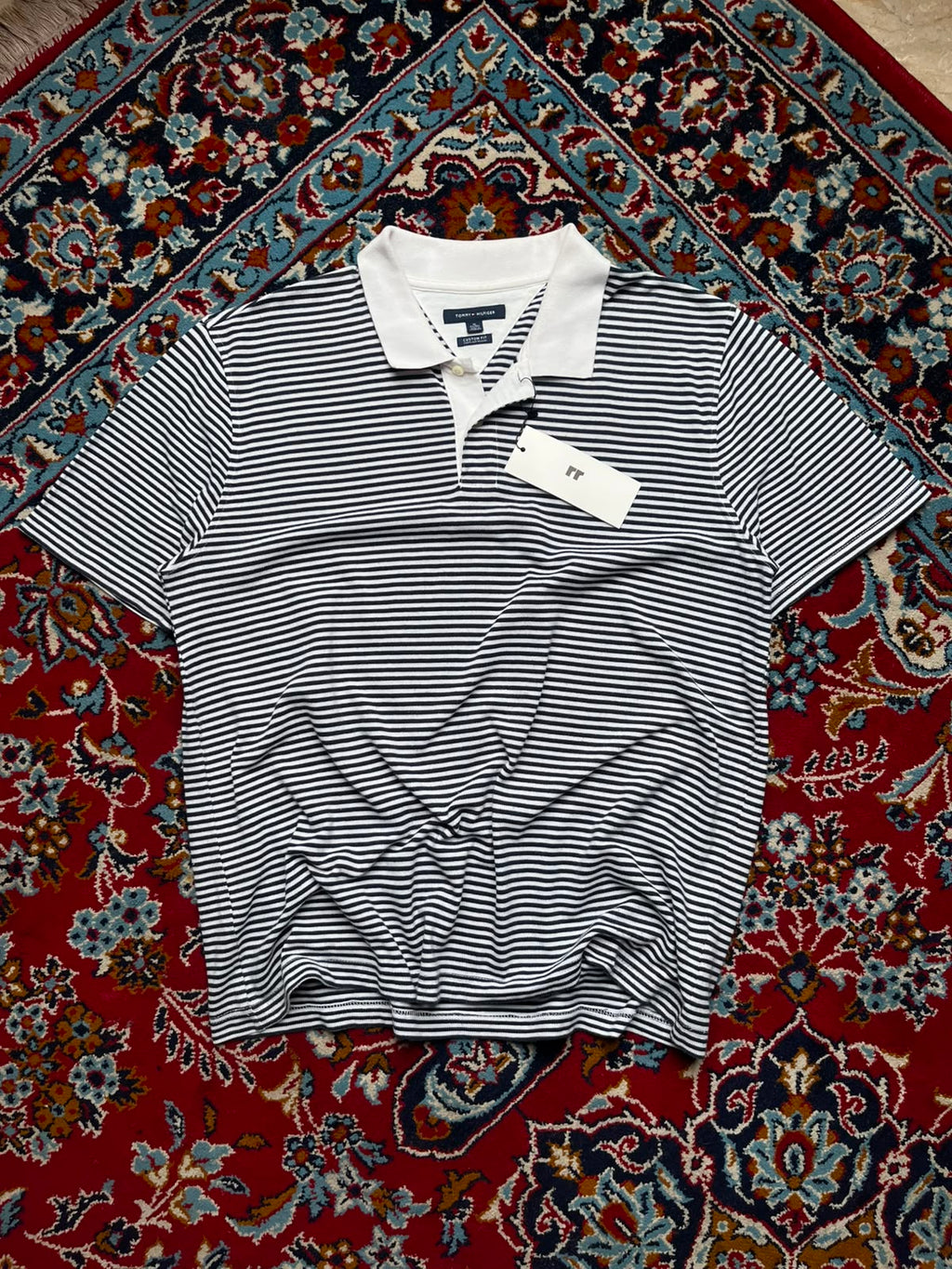 TOMMY HILFIGER CUSTOM FIT BLACK WHITE STRIPE POLO TEE - XL
