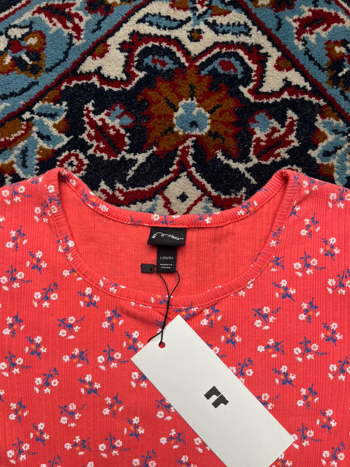 Art Class Target Coral Red Floral Lettuce Trim Ribbed TEE - XS