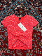 Art Class Target Coral Red Floral Lettuce Trim Ribbed TEE - XS