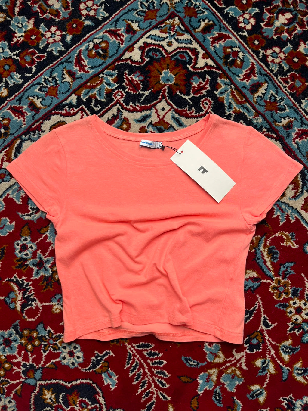 Valleygirl Neon Coral Pink Solid Cropped Scoop Neck TEE - XS