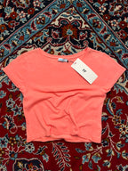 Valleygirl Neon Coral Pink Solid Cropped Scoop Neck TEE - XS