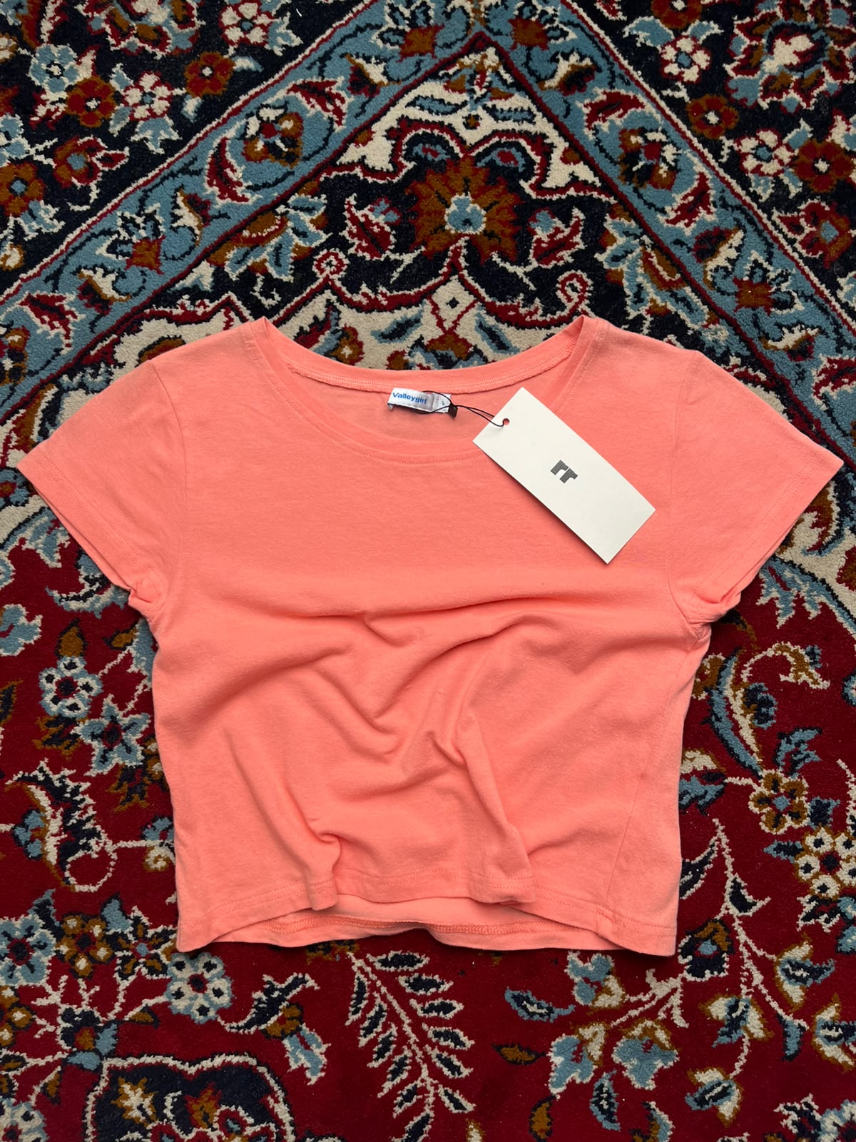 Valleygirl Neon Coral Pink Solid Cropped Scoop Neck TEE - XS