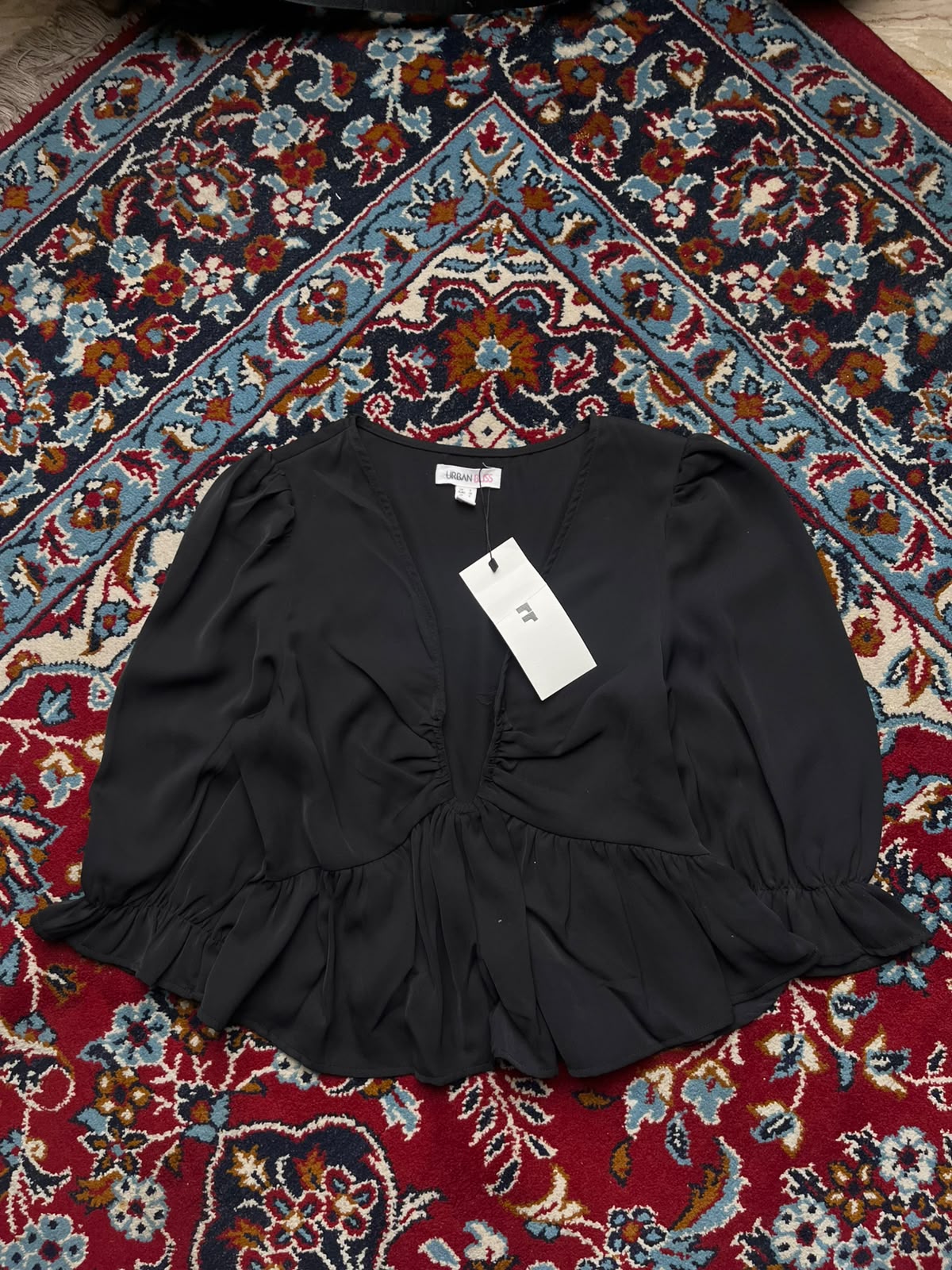 Urban Bliss Black Plunge V-Neck Ruched Front Peplum Blouse - S