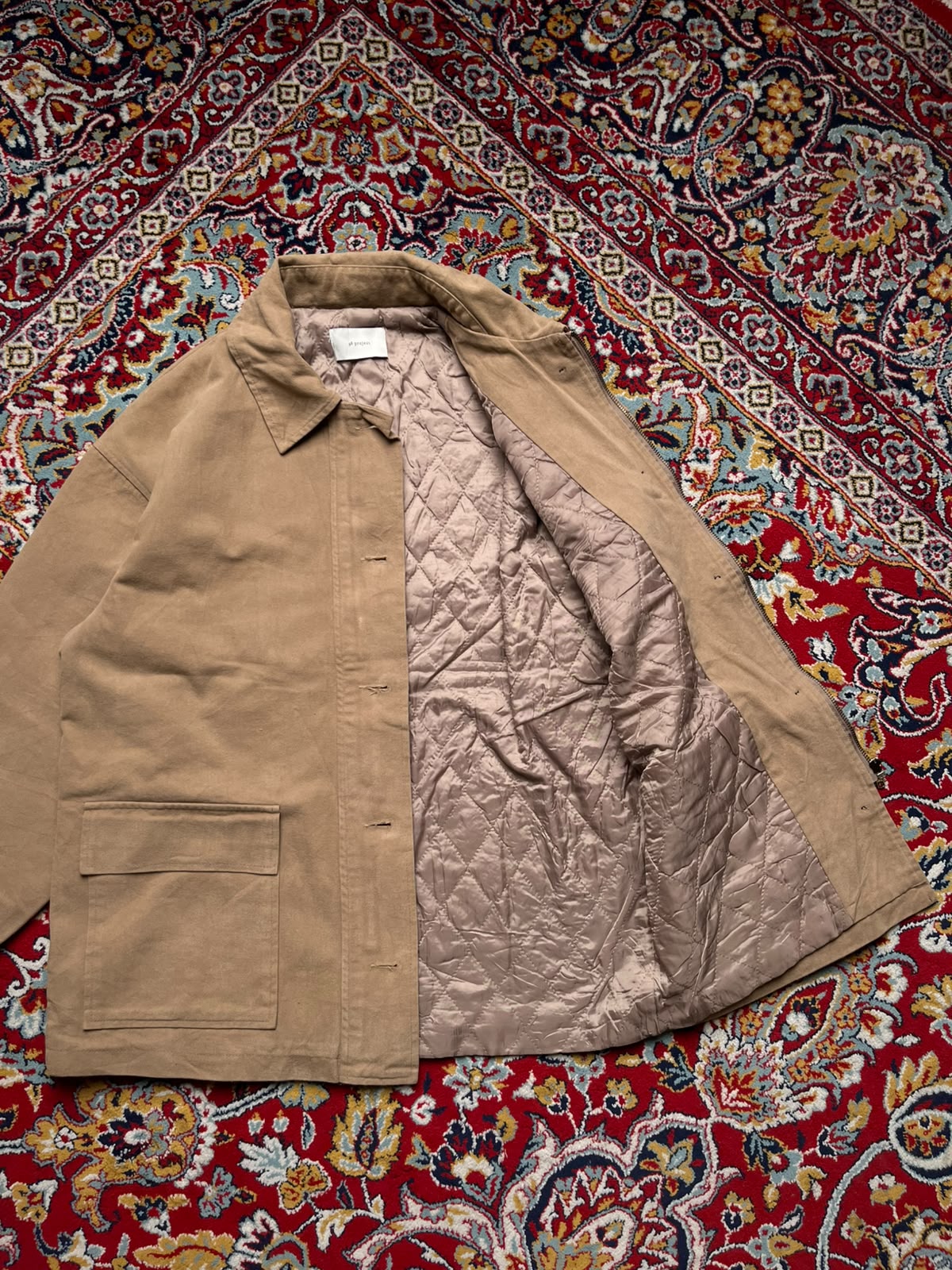 98 Project Korean Style Tan Quilted Lined Button Up Utility Chore JACKET - L
