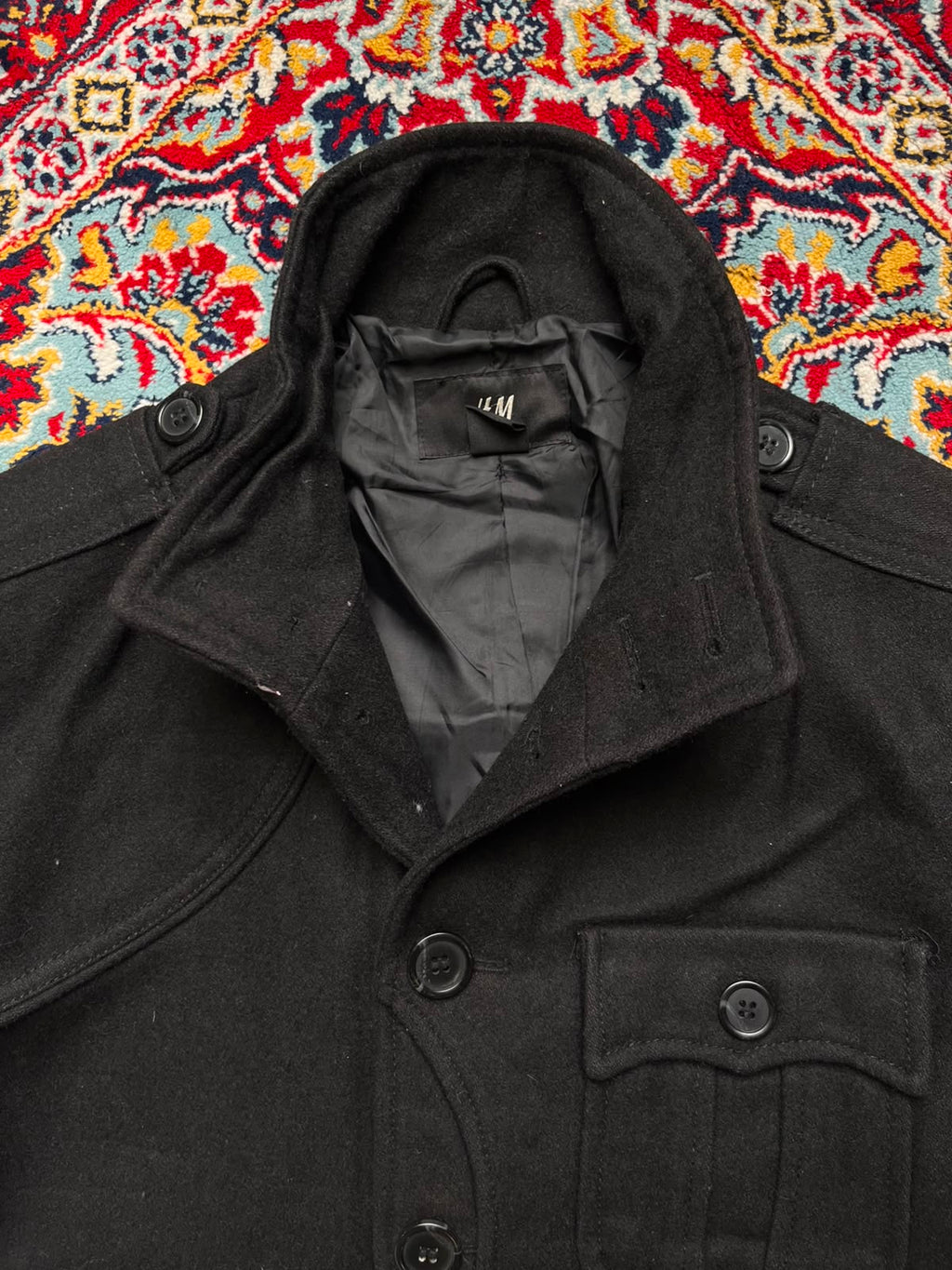 H&M Black Wool Military Field Multi Pocket JACKET - L