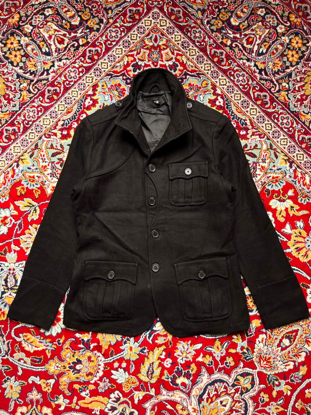 H&M Black Wool Military Field Multi Pocket JACKET - L