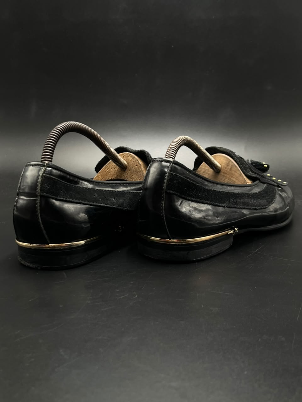 Cesare Paciotti Mens Black Patent Leather Suede Tassel Kiltie Loafers - 41