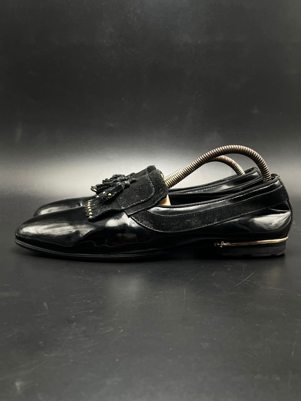 Cesare Paciotti Mens Black Patent Leather Suede Tassel Kiltie Loafers - 41
