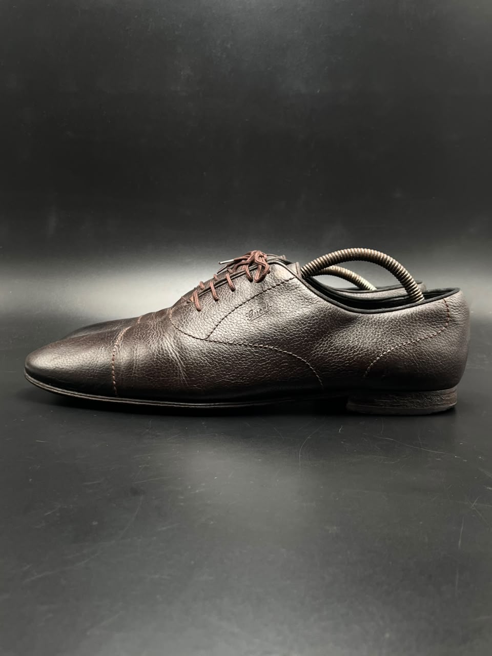 GUCCI Dark Brown Cap Toe Oxford Loafers Pebbled Leather