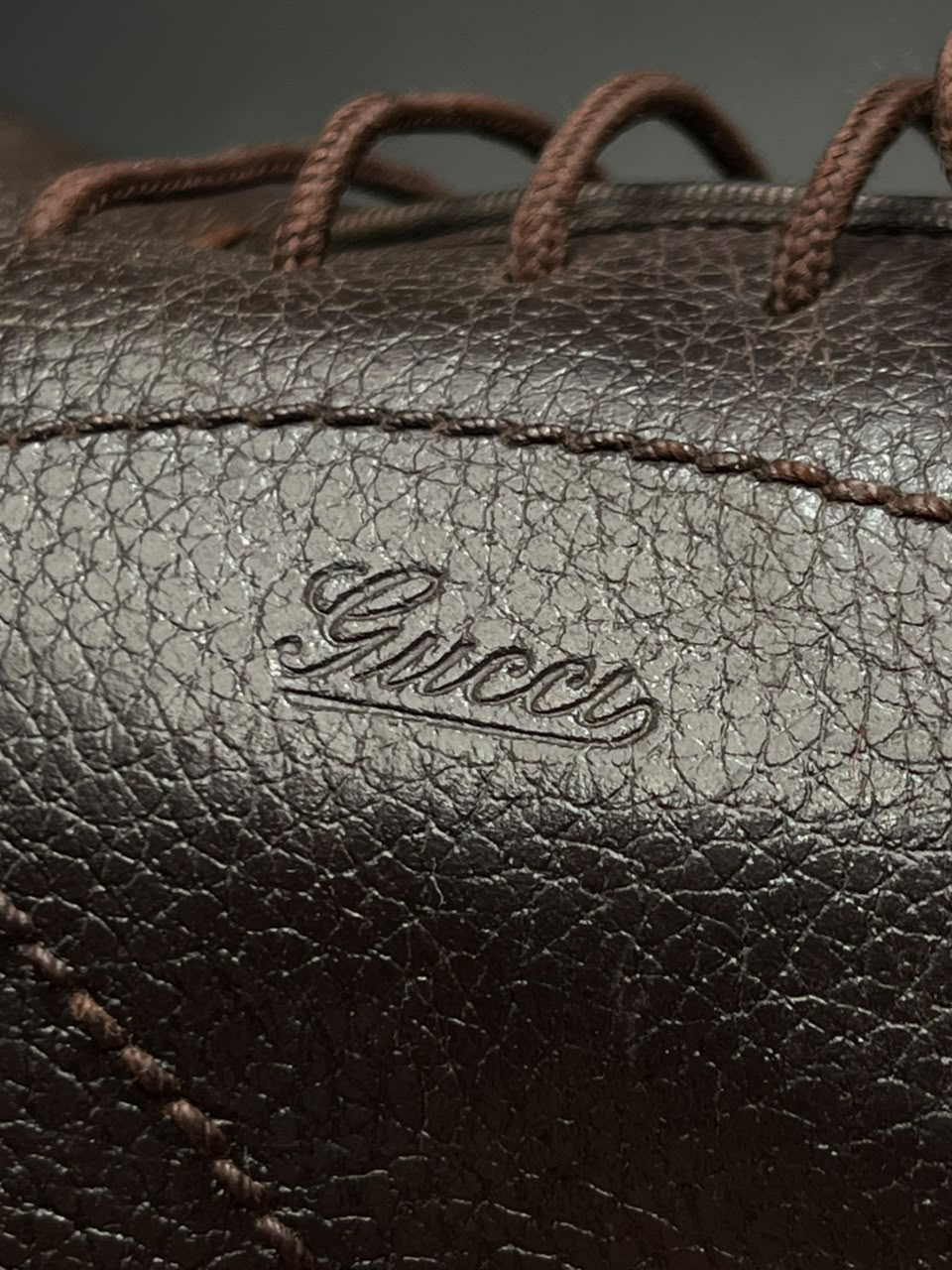 GUCCI Dark Brown Cap Toe Oxford Loafers Pebbled Leather