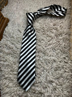 CHRISTENSEN Mens Black Silver White Diagonal Block Stripe 100% Silk Dress Tie
