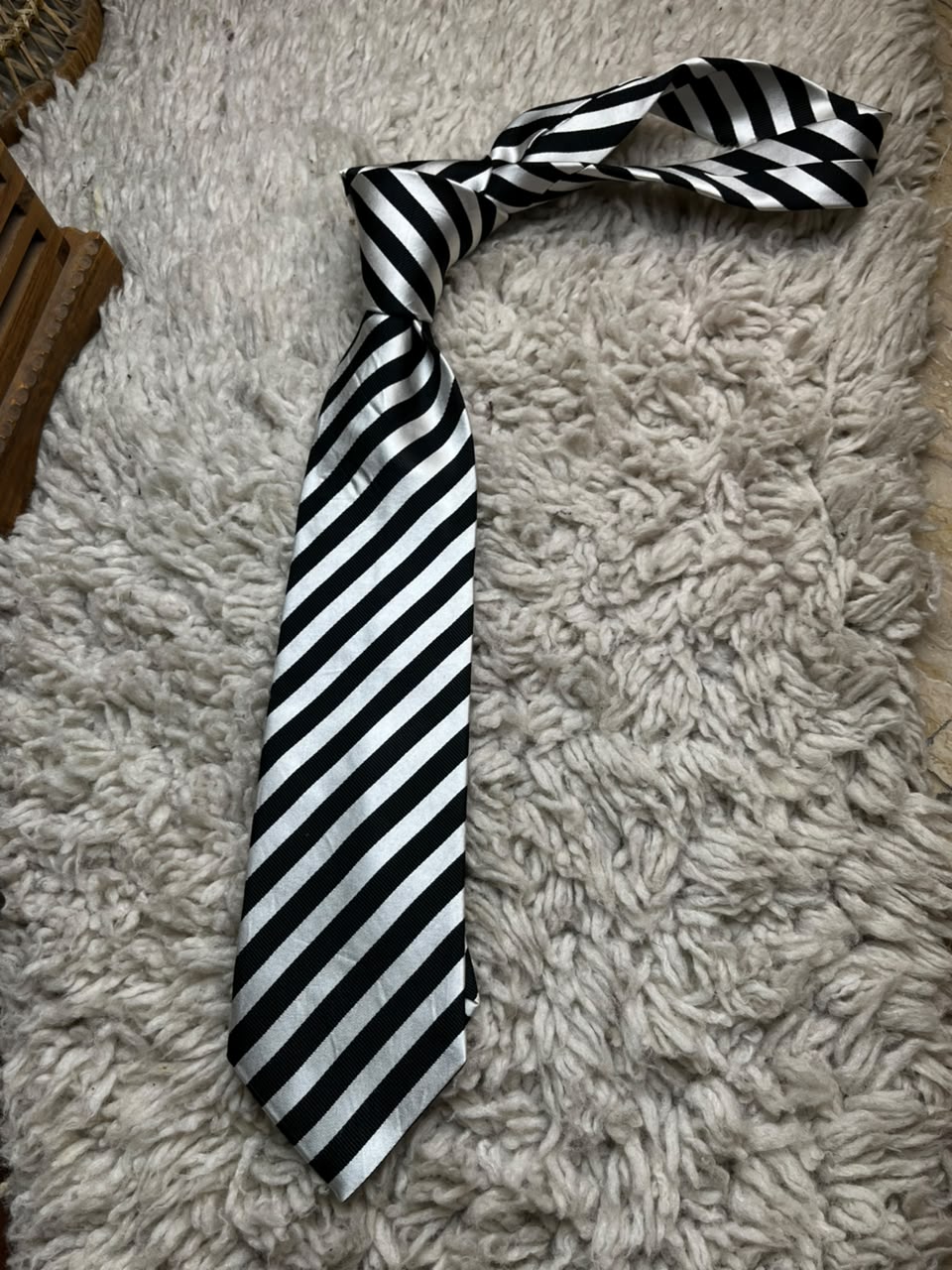CHRISTENSEN Mens Black Silver White Diagonal Block Stripe 100% Silk Dress Tie