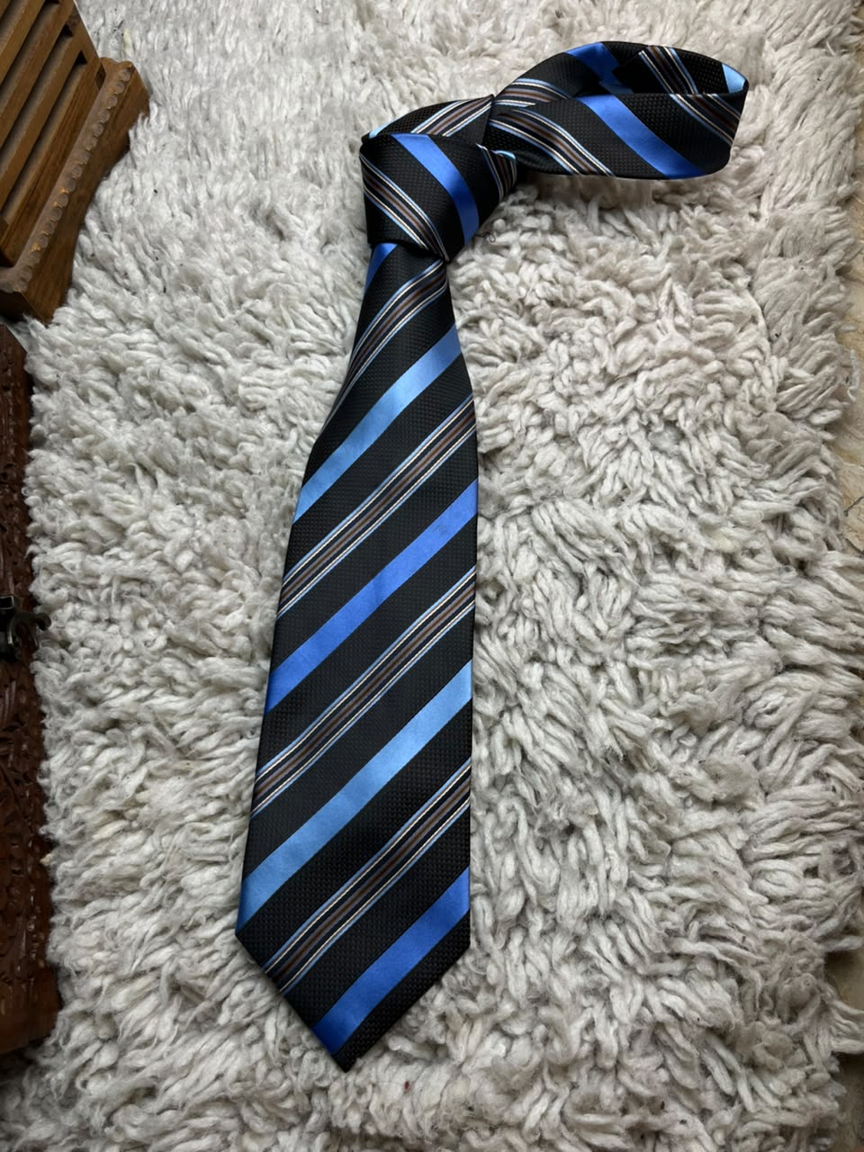 MARKS & SPENCER Mens Black Blue Brown Multi Tonal Diagonal Stripe Polyester Tie