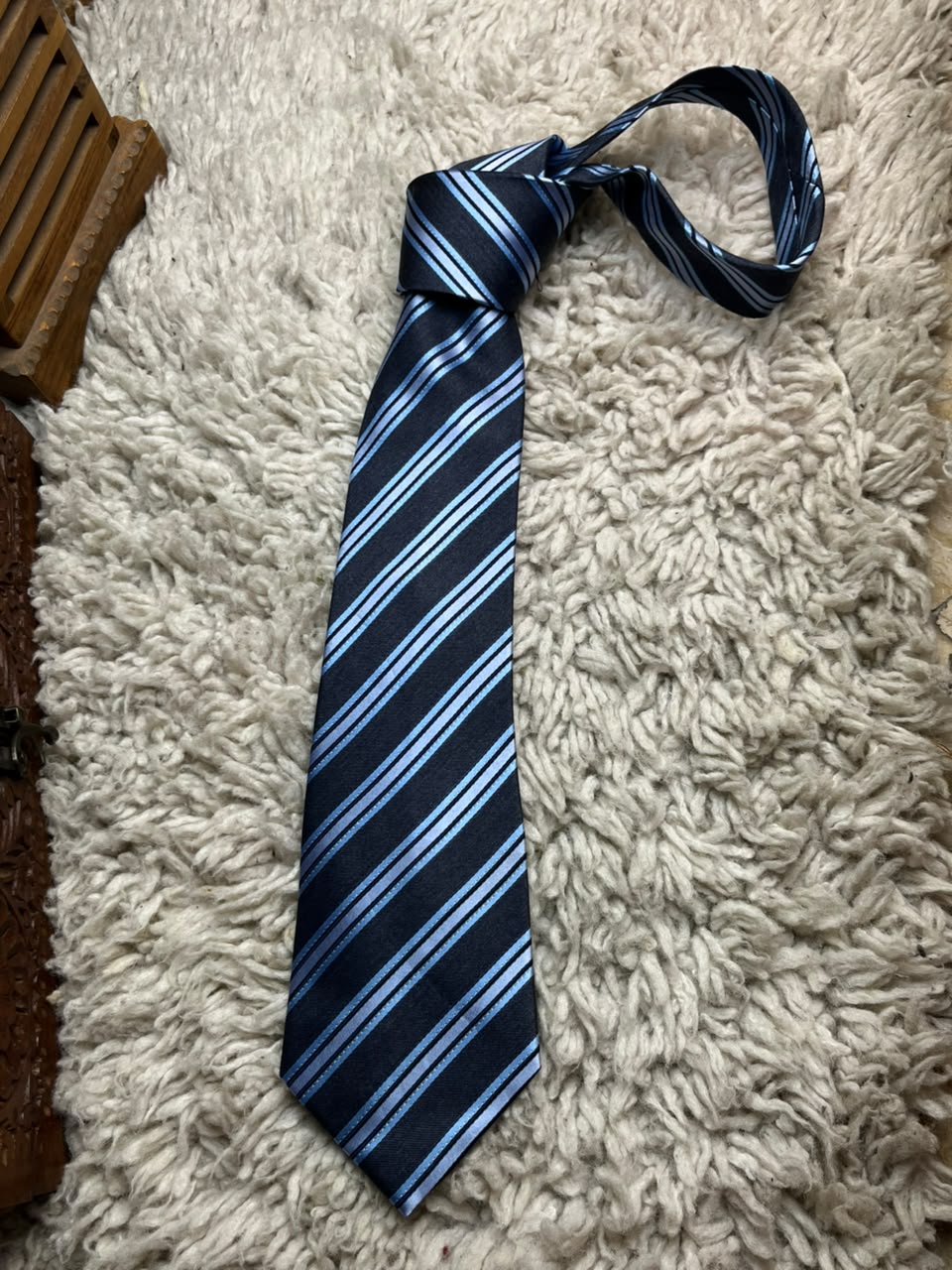 MARKS & SPENCER Mens Navy Light Blue Silver Multi Tonal Diagonal Stripe Silk Tie