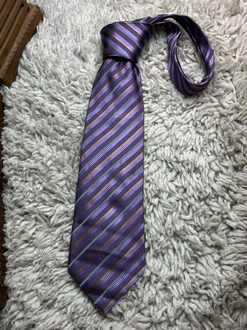 DOUGLAS Mens Purple Gold Grey Multi Tonal Diagonal Stripe Italian Silk Dress Tie