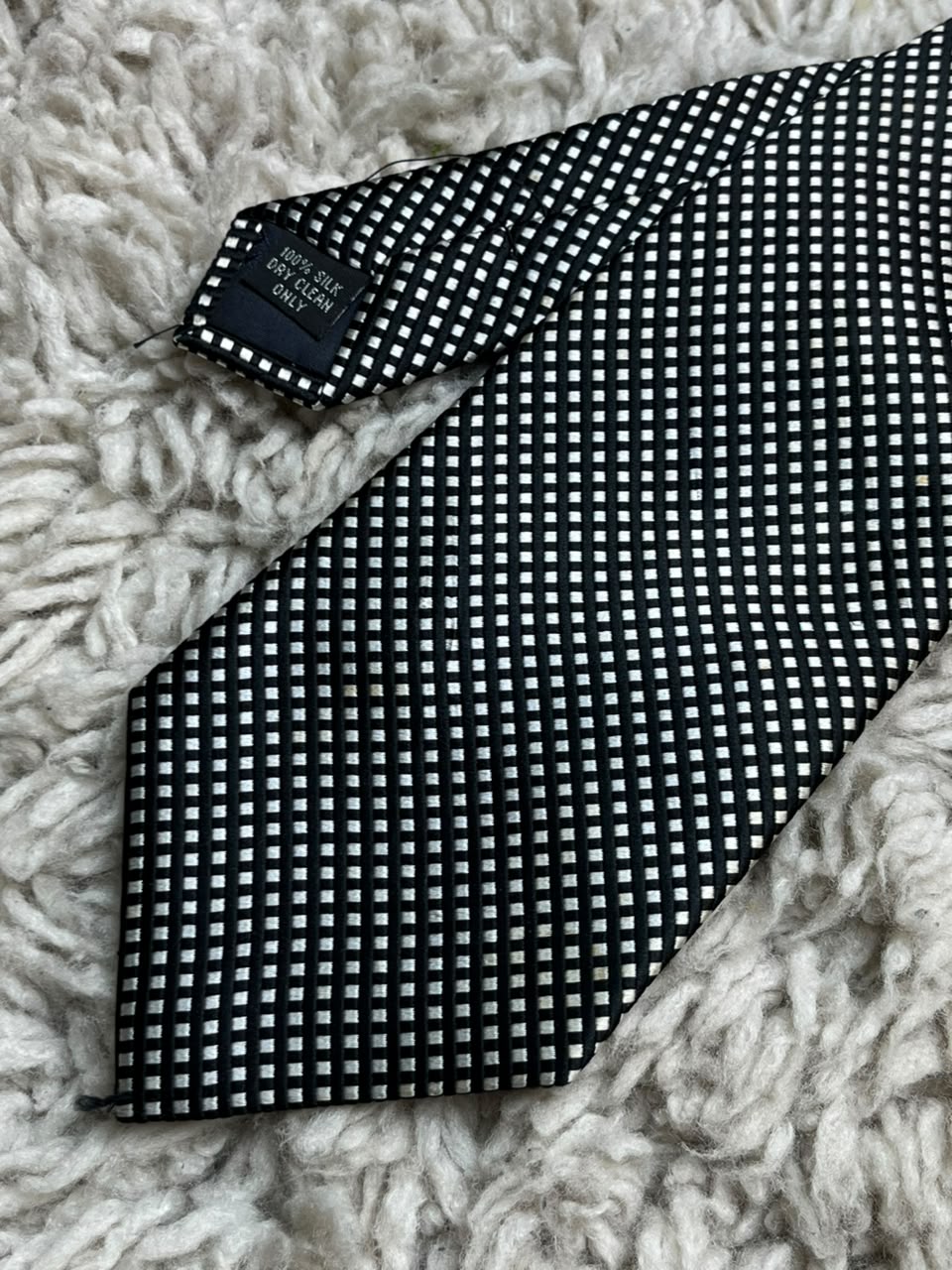 D'Avenza Mens Black Silver White Micro Check Geometric Grid 100% Silk Dress Tie