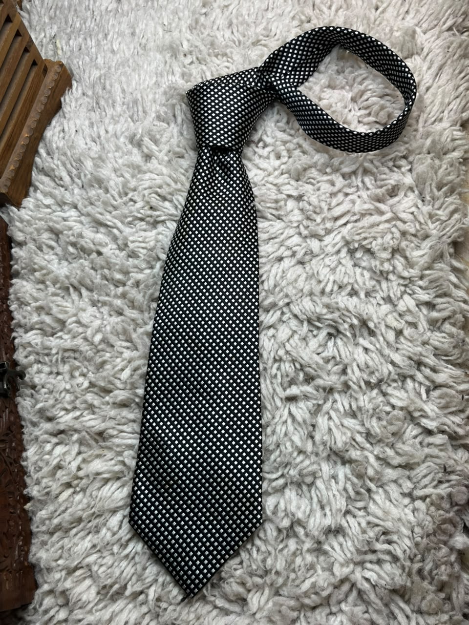 D'Avenza Mens Black Silver White Micro Check Geometric Grid 100% Silk Dress Tie