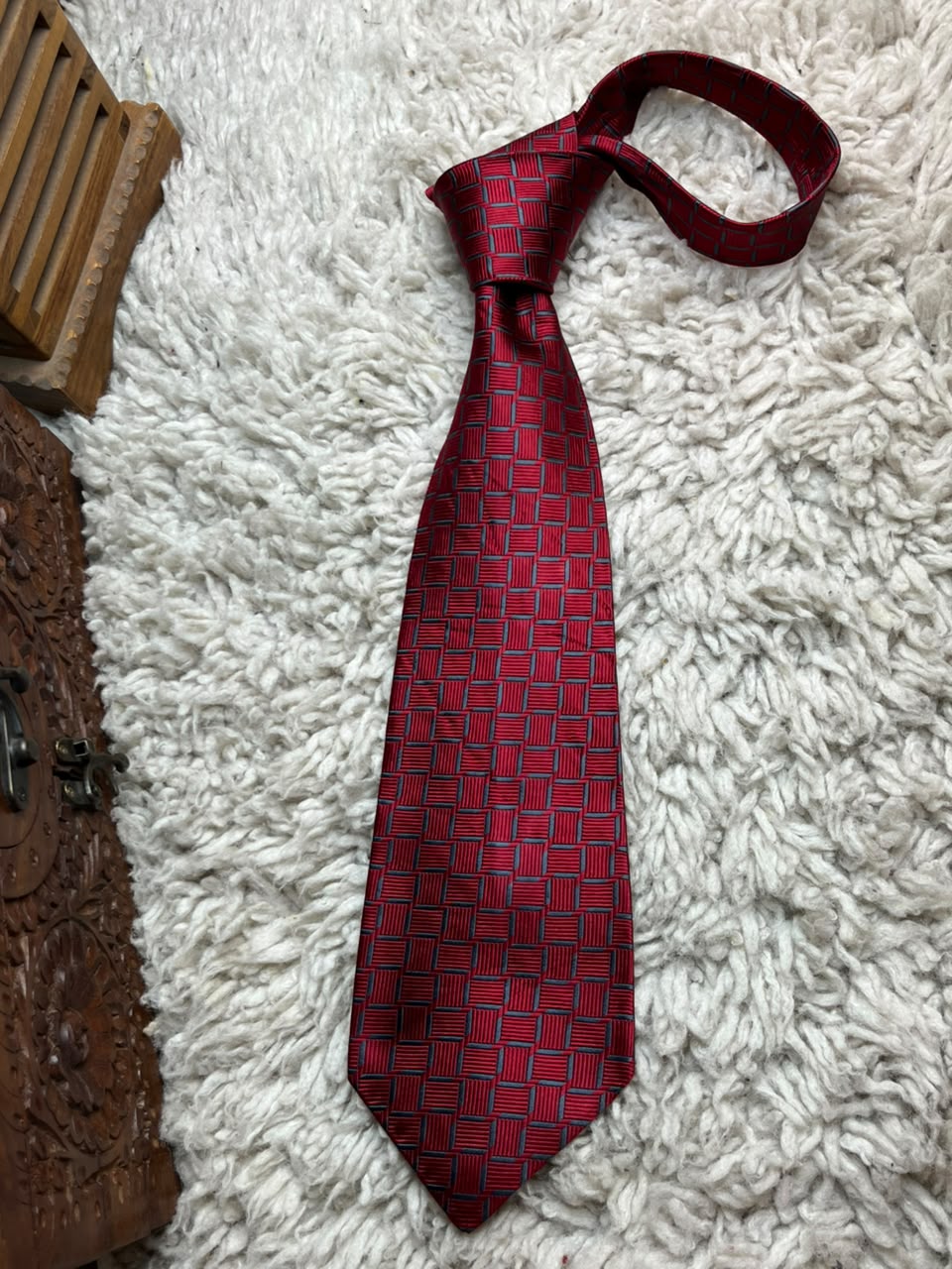 Savoy Taylors Guild Mens Red Grey Geometric Basketweave Block 100% Silk Dress Tie