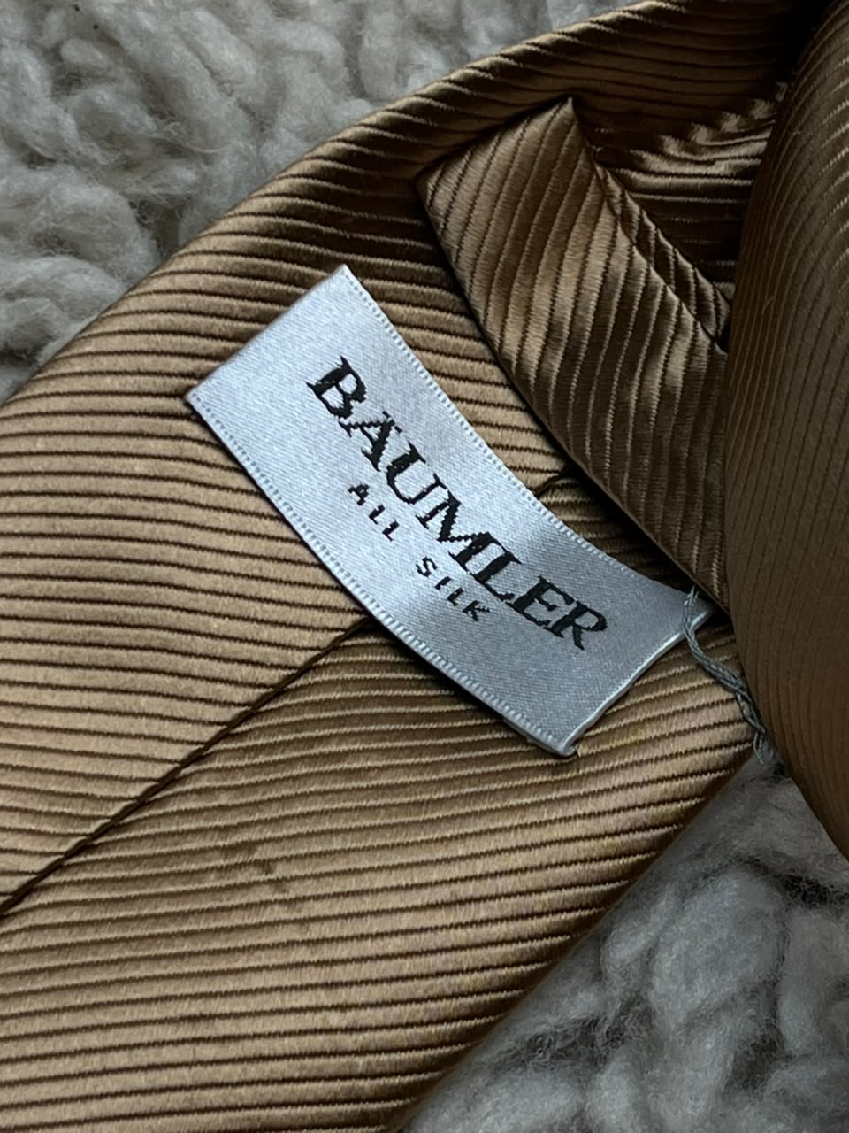 BAUMLER Mens Champagne Gold Solid Ribbed Twill 100% Silk Dress Tie