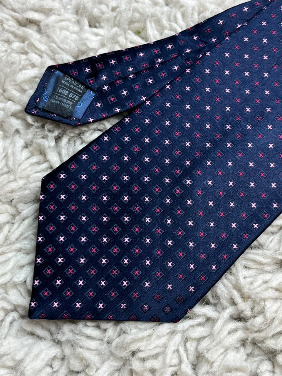 MARKS & SPENCER Collezione Mens Navy Pink Geometric Cross Silk Dress Tie