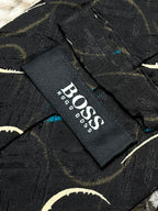 BOSS Hugo Boss Mens Black Teal Abstract Circle Pattern Italian Silk Dress Tie