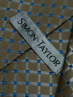 Simon Taylor Beige Blue Micro Check Grid Polyester Dress Tie