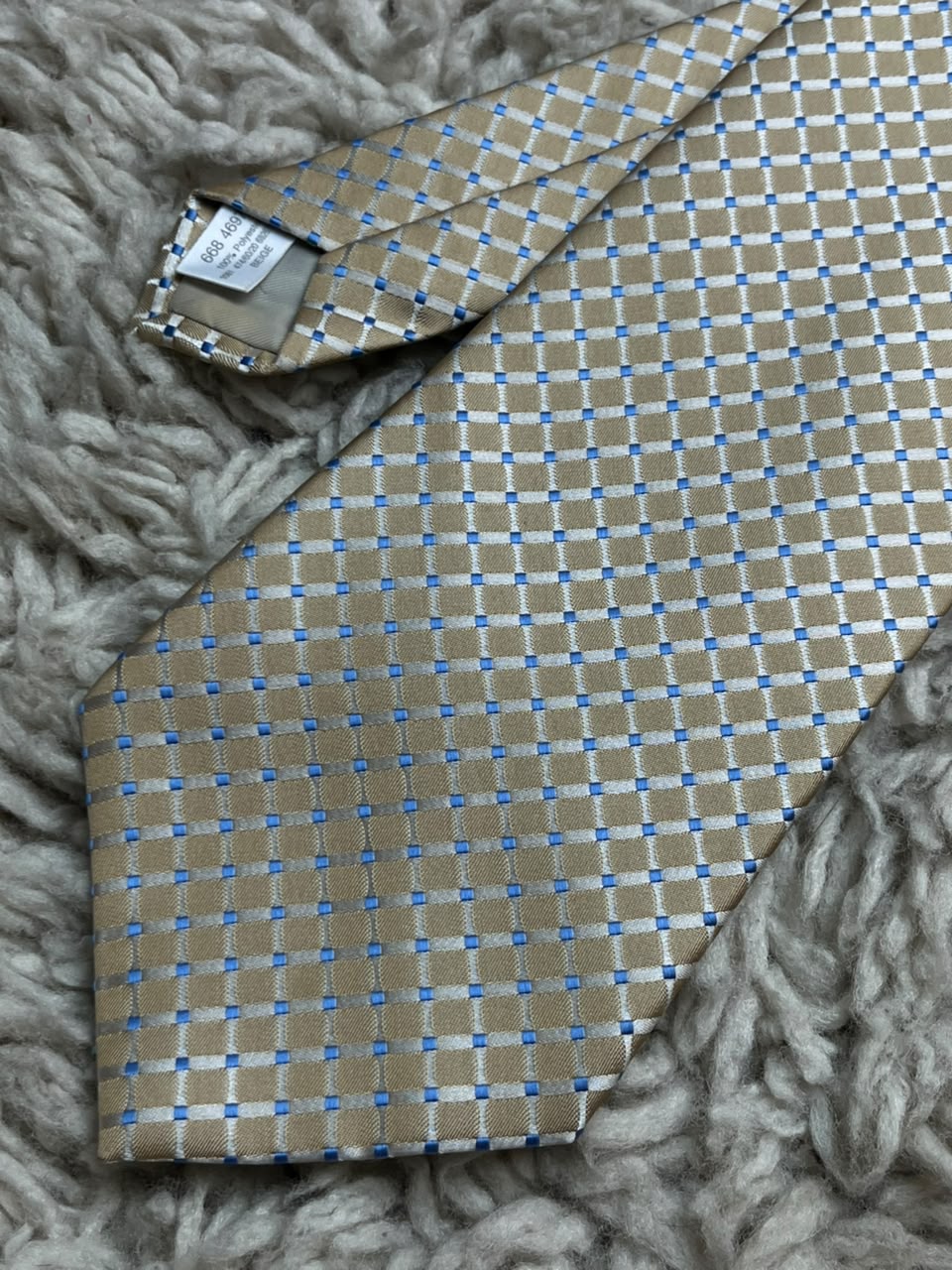 Simon Taylor Beige Blue Micro Check Grid Polyester Dress Tie