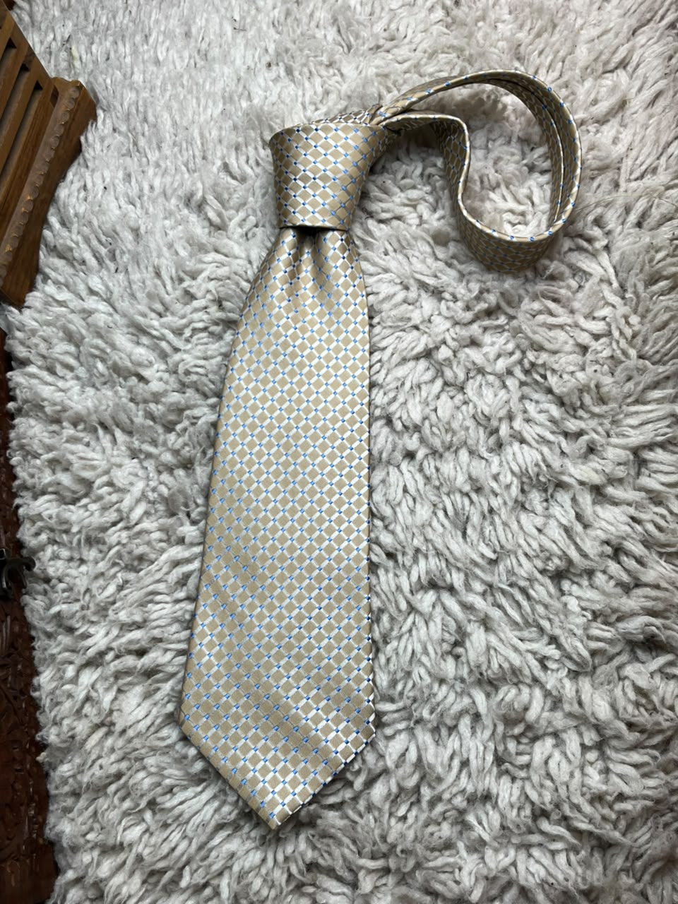 Simon Taylor Beige Blue Micro Check Grid Polyester Dress Tie
