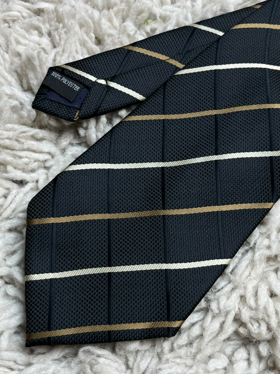 JOHN CURTIS Mens Black Gold White Diagonal Stripe Polyester Dress Tie