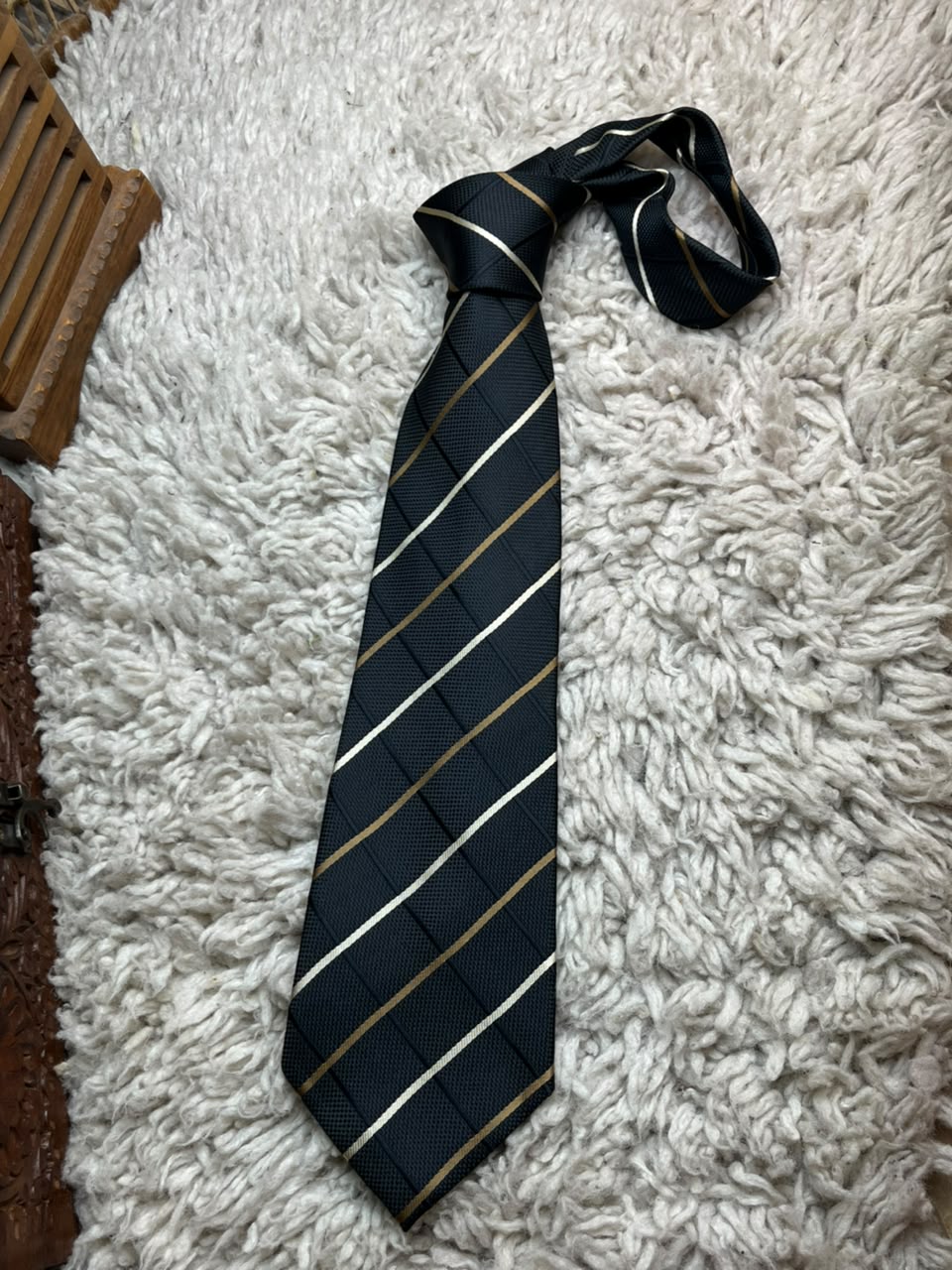 JOHN CURTIS Mens Black Gold White Diagonal Stripe Polyester Dress Tie