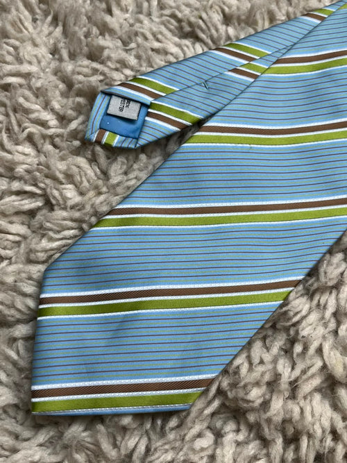 Arbhair Mens Light Blue Green Brown Diagonal Stripe Polyester Tie